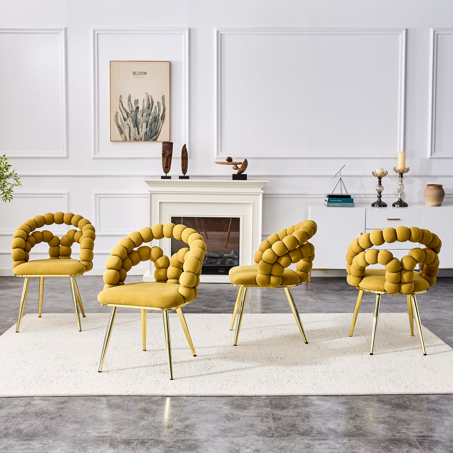 Set of 4 Yellow Velvet Dining Chairs with Gold Legs