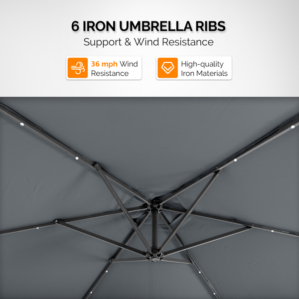 10FT Round Hanging Patio Umbrella with LED Lights & Stand - Gray
