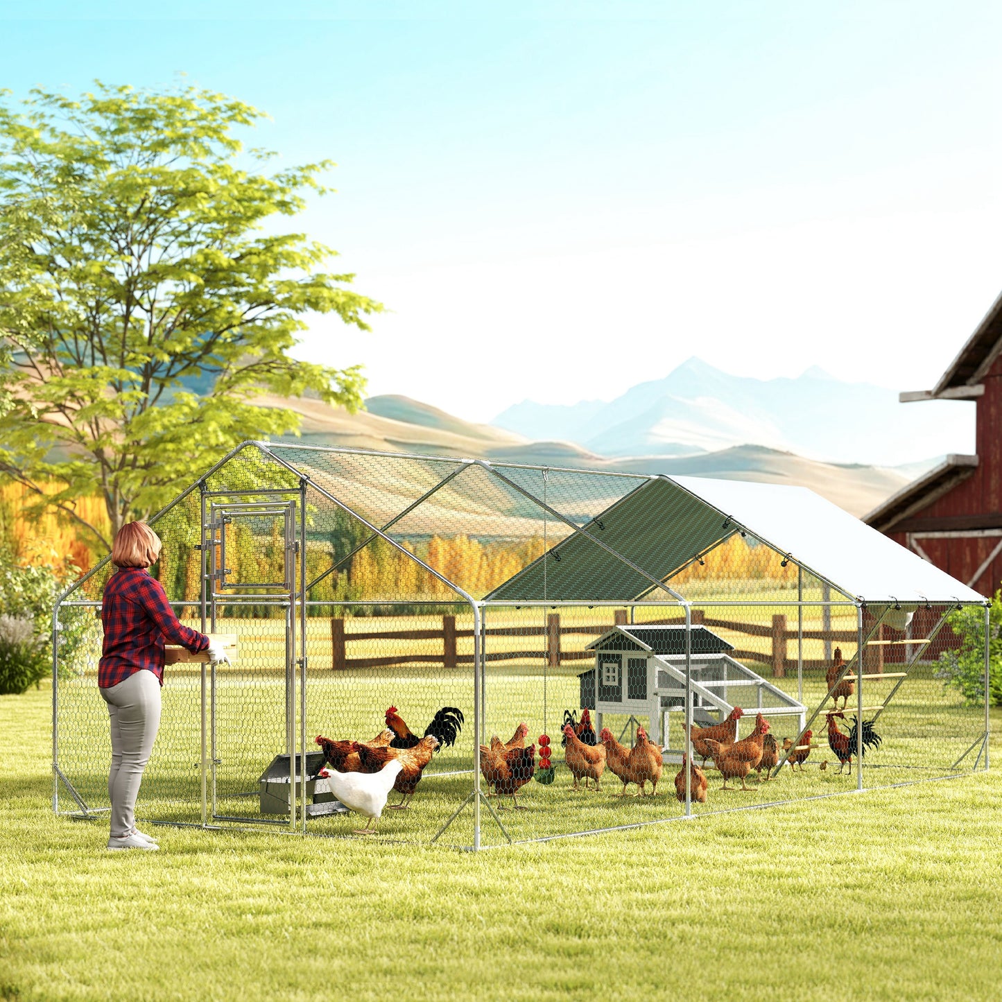 Metal Chicken Run with Waterproof Cover, Feeding Door & Hanging Feeder - Fits 18-24 Chickens, Silver 1980x380x180 mm