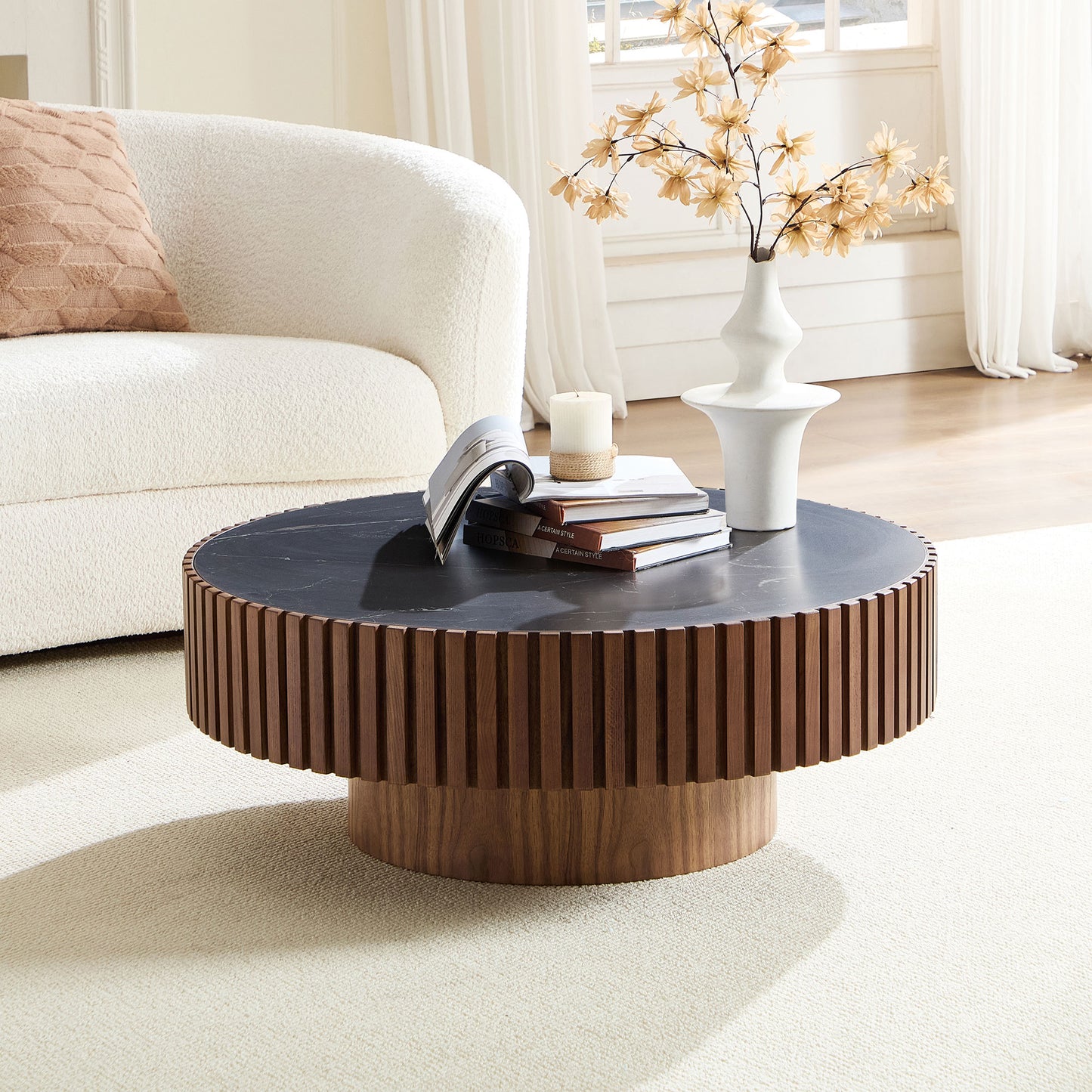 Modern Round Coffee Table with Sintered Stone Top - Walnut
