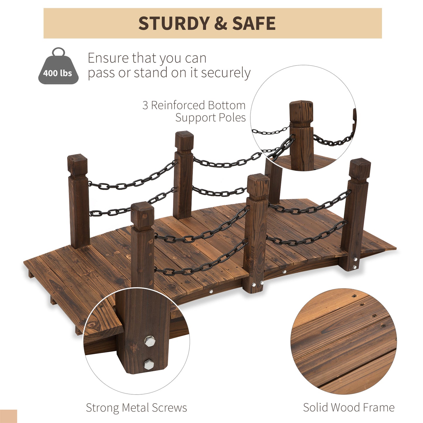 5 ft Wooden Garden Bridge with Metal Chain Railings - Solid Fir Construction