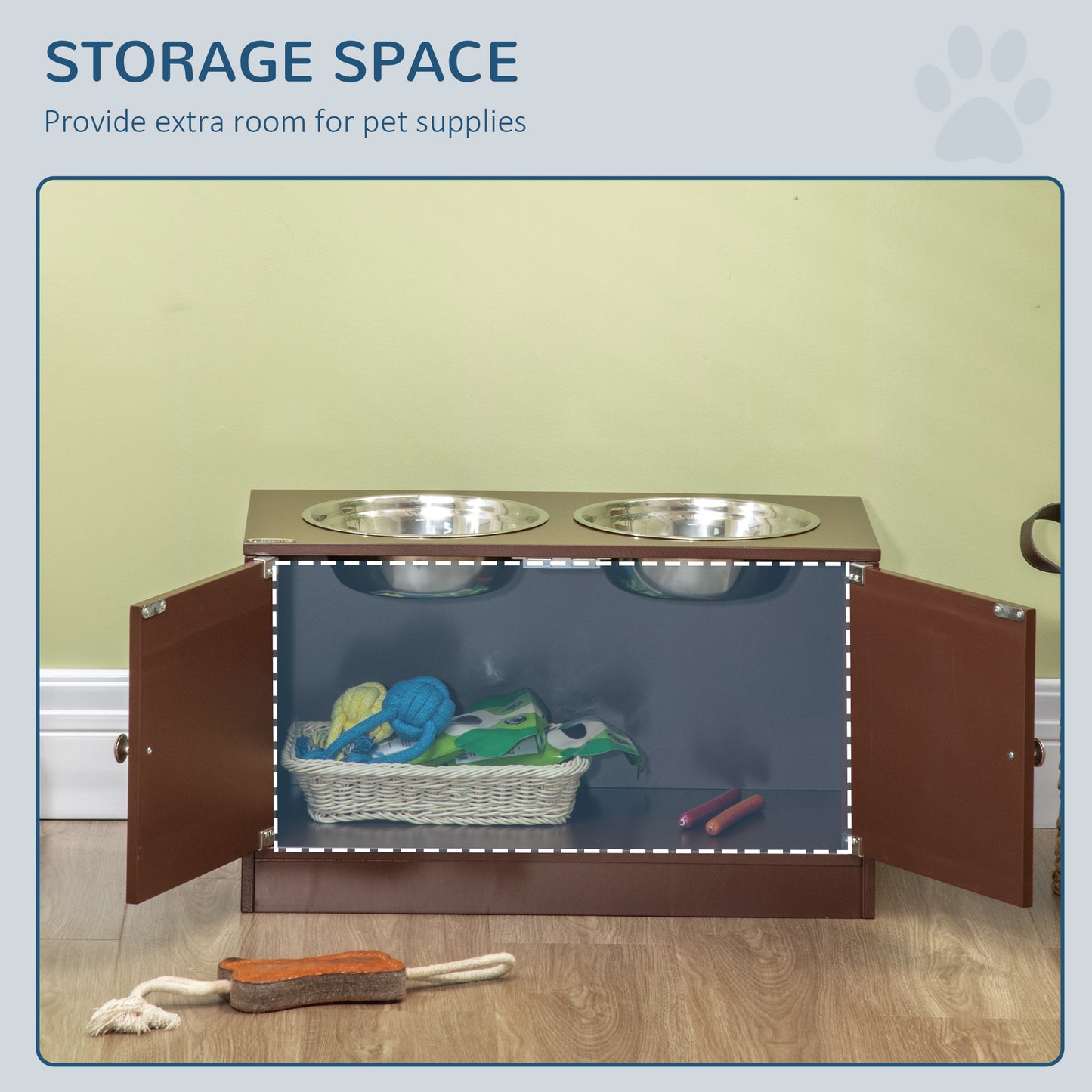 Elevated Dog Bowl Stand with Storage Cabinet - Large Pet Food Station, Brown