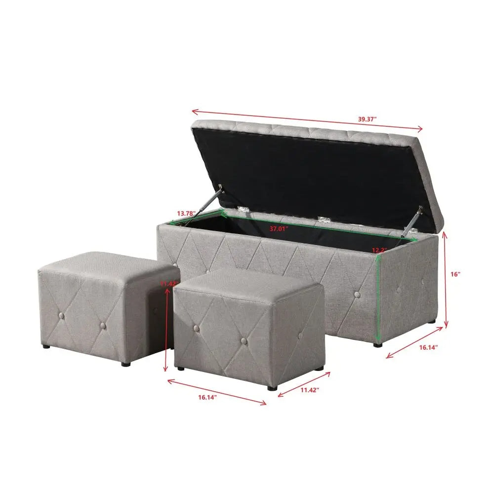 Rectangular Storage Ottoman with 2 Set Ottomans - Beige