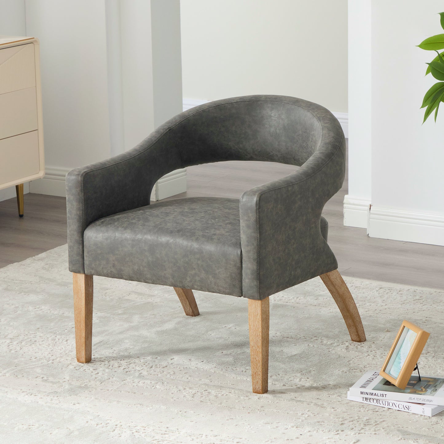 Modern Gray Upholstered Accent Armchair with Rubberwood Legs