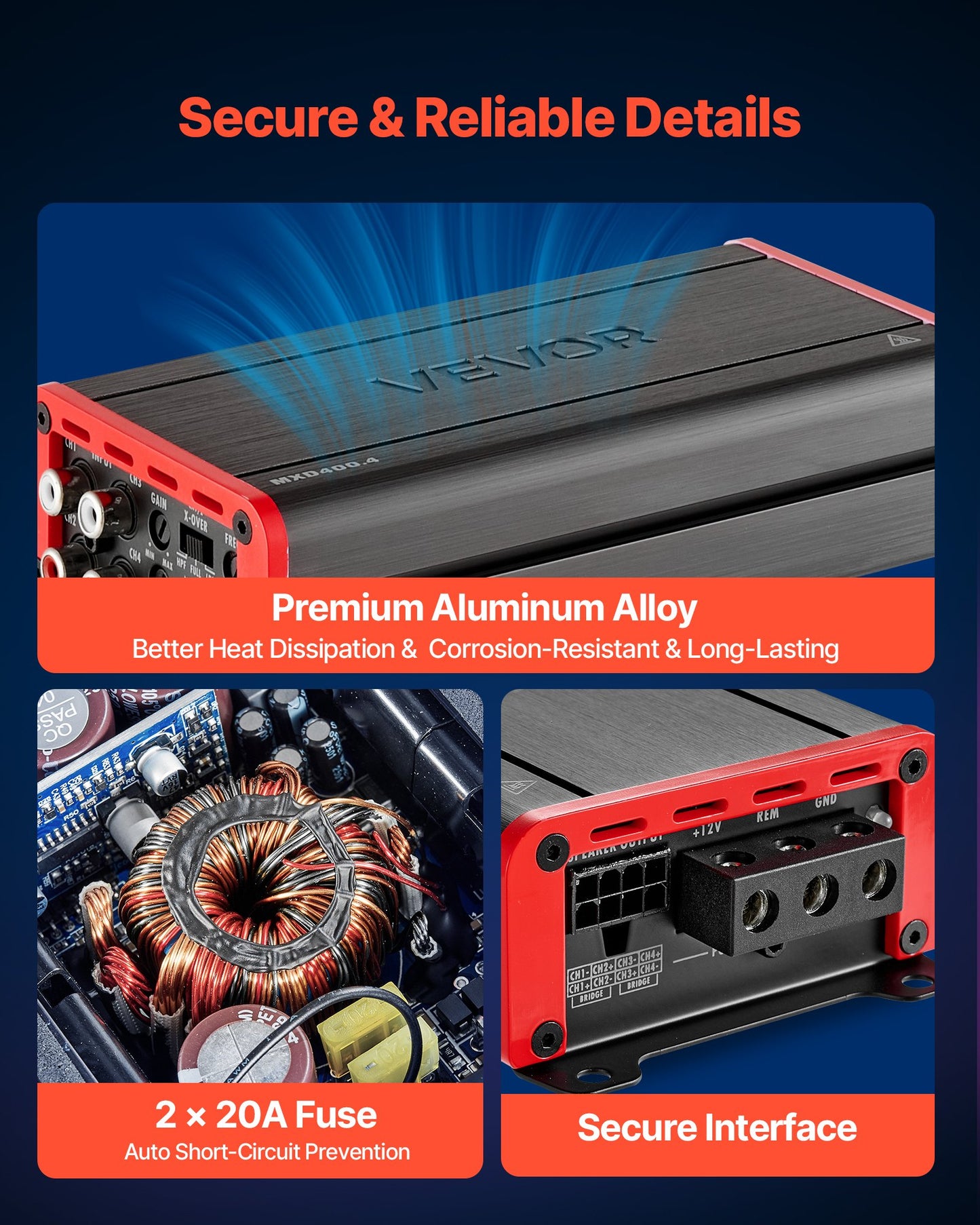 4 Channel Car Audio Amplifier - 2 Ohm Stable Full Range Amp 272W/400W Bridgeable
