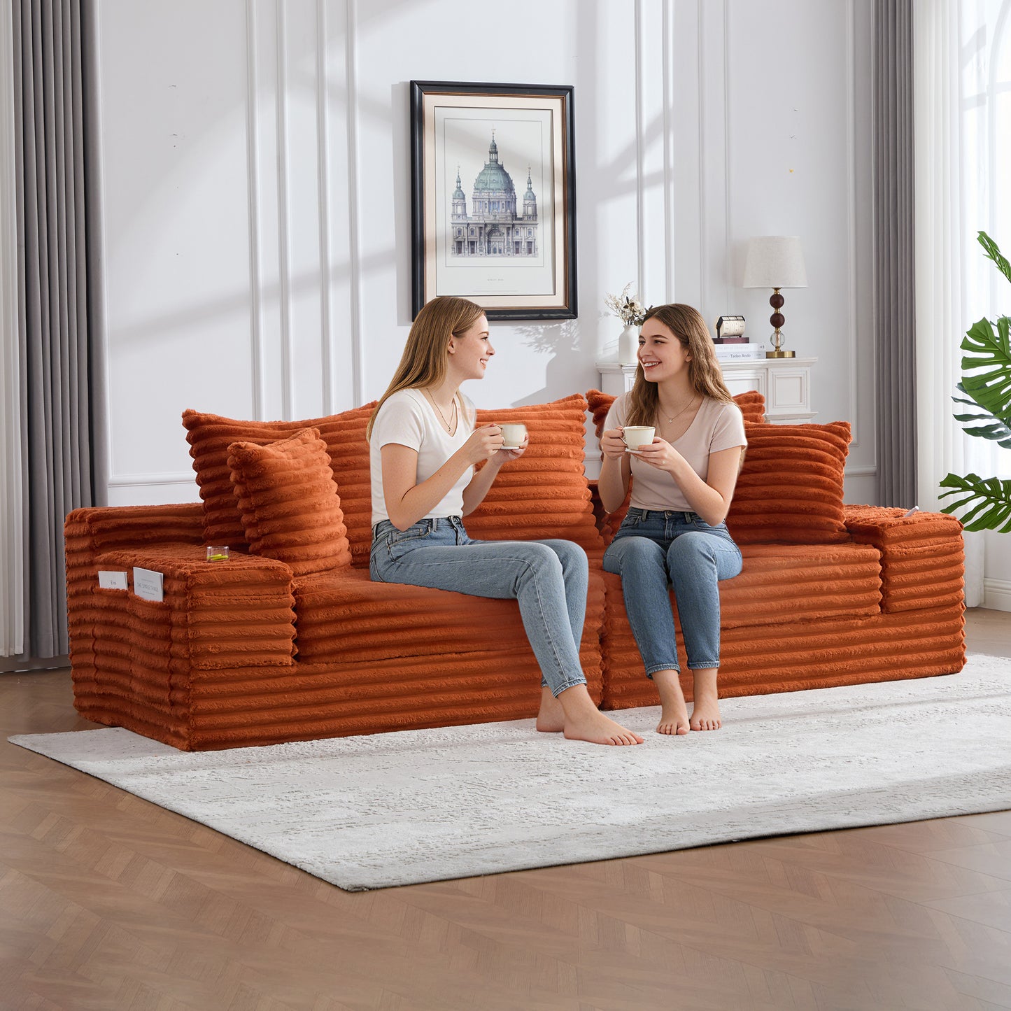 Oversized 4-Seat Sofa Bed with Cup Holder & Side Pockets - Orange