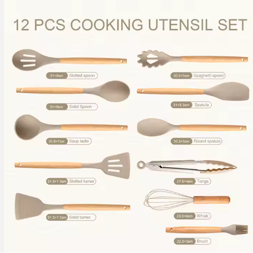 12-Piece Non-Stick Silicone Kitchen Utensil Set - Khaki