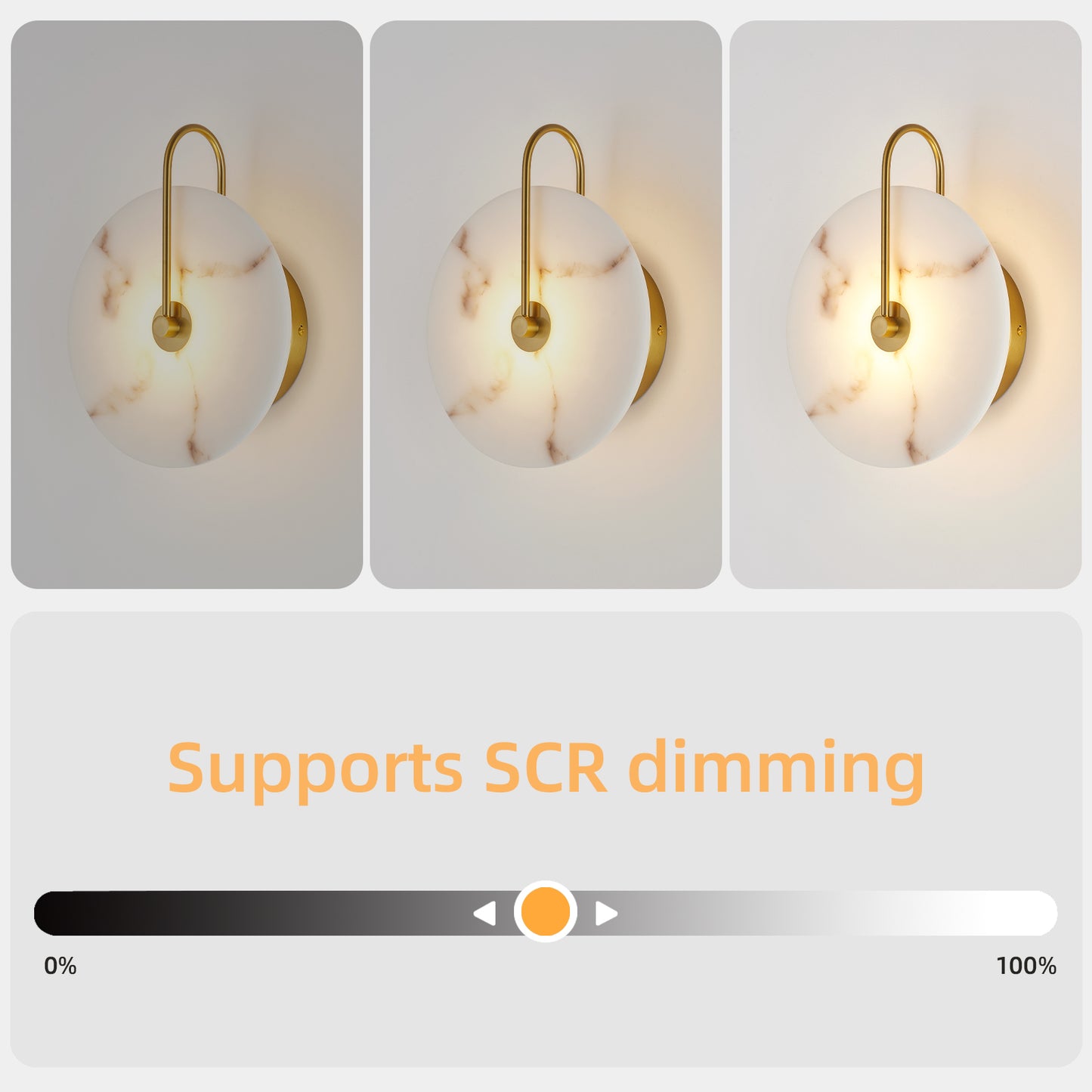 Round Alabaster Wall Sconce - Natural Marble LED Wall Lamp for Bedroom & Living Room - Gold Finish