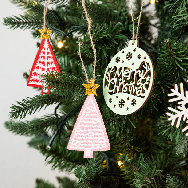 Wooden Bell Christmas Tree Decorations - Mini Checkered Pendant Set