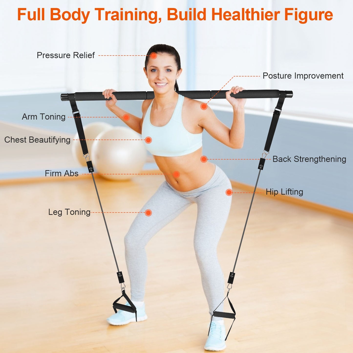 Multifunctional Pilates Bar Kit with Elastic Resistance Bands