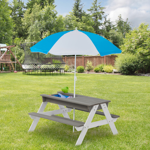 3-in-1 Kids Outdoor Wooden Picnic Table with Umbrella - Grey