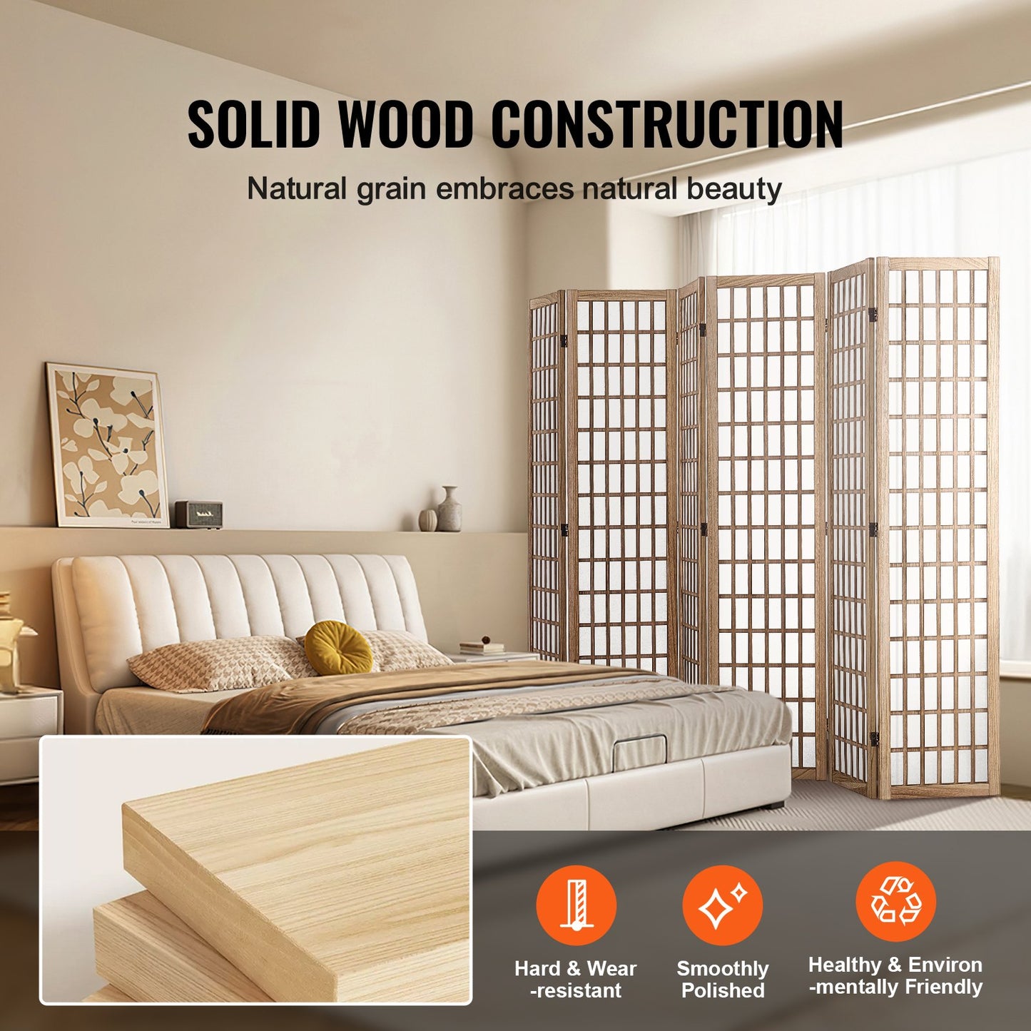 Japanese Wood Folding Room Divider - 6 Panel Privacy Screen