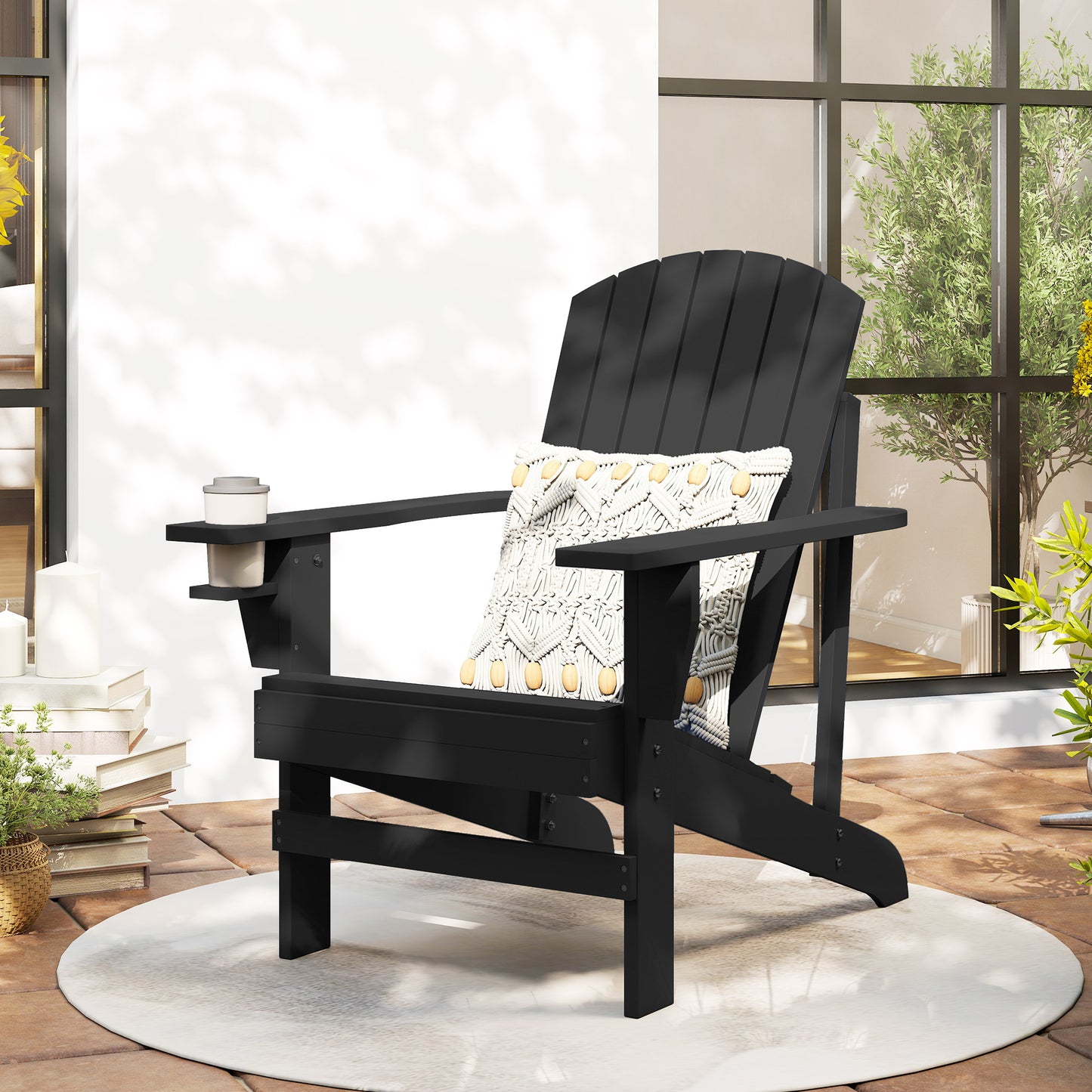 Black Oversized Adirondack Chair with Cupholder - Outdoor Seating