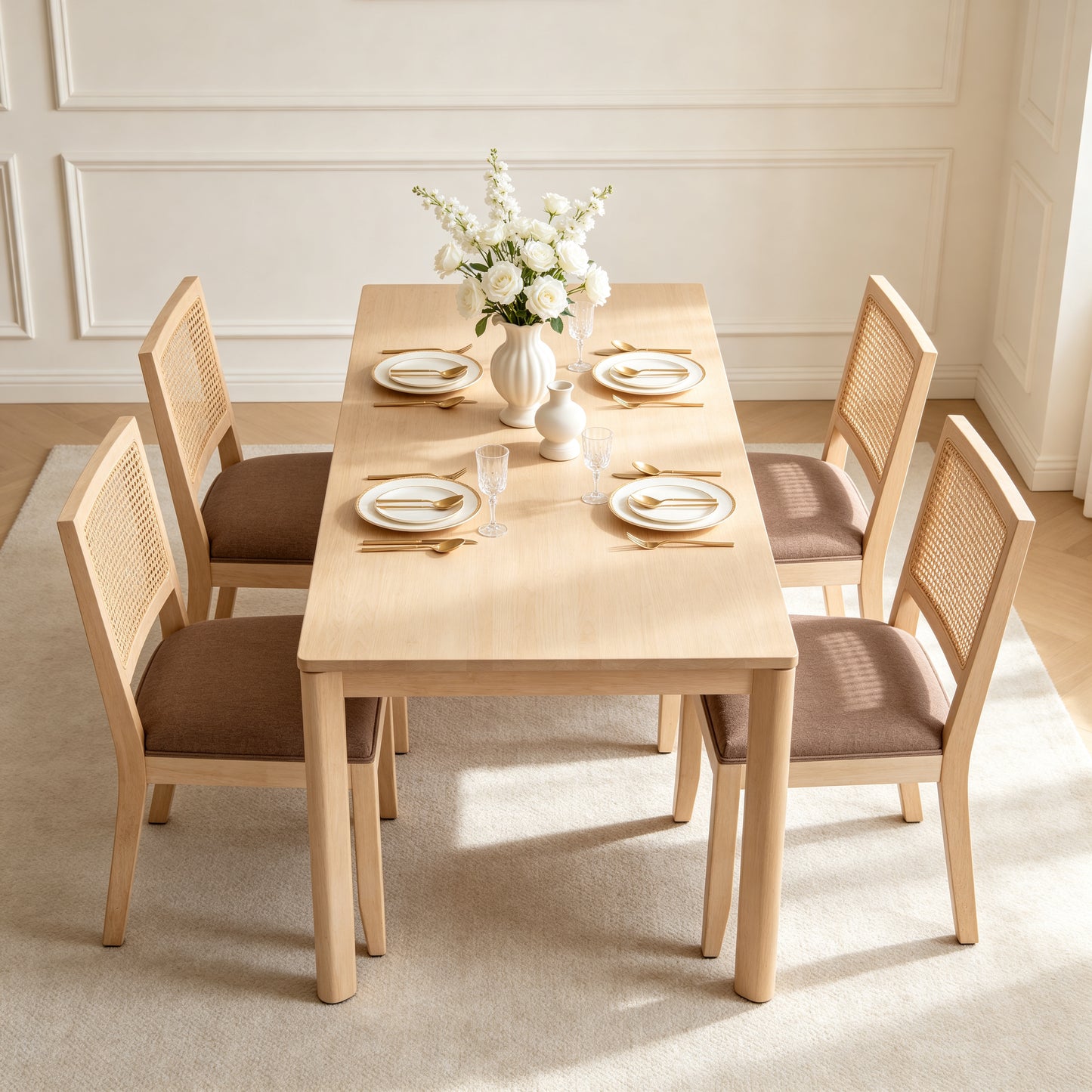 Rattan Dining Chairs Set of 2 - Mid Century Modern Tan