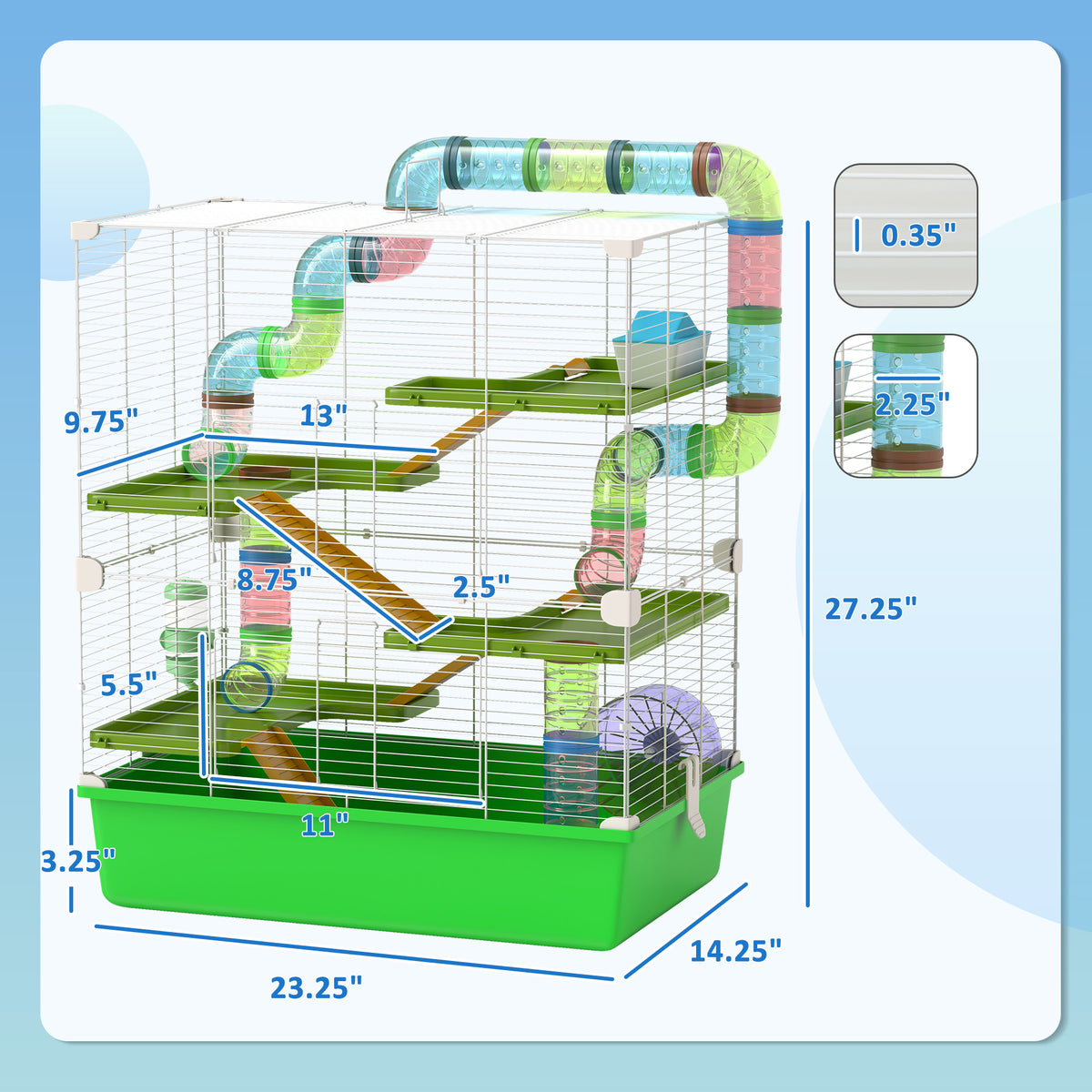 Large 23-Inch Hamster Cage with Wheel Water Bottle and Tunnels - Green