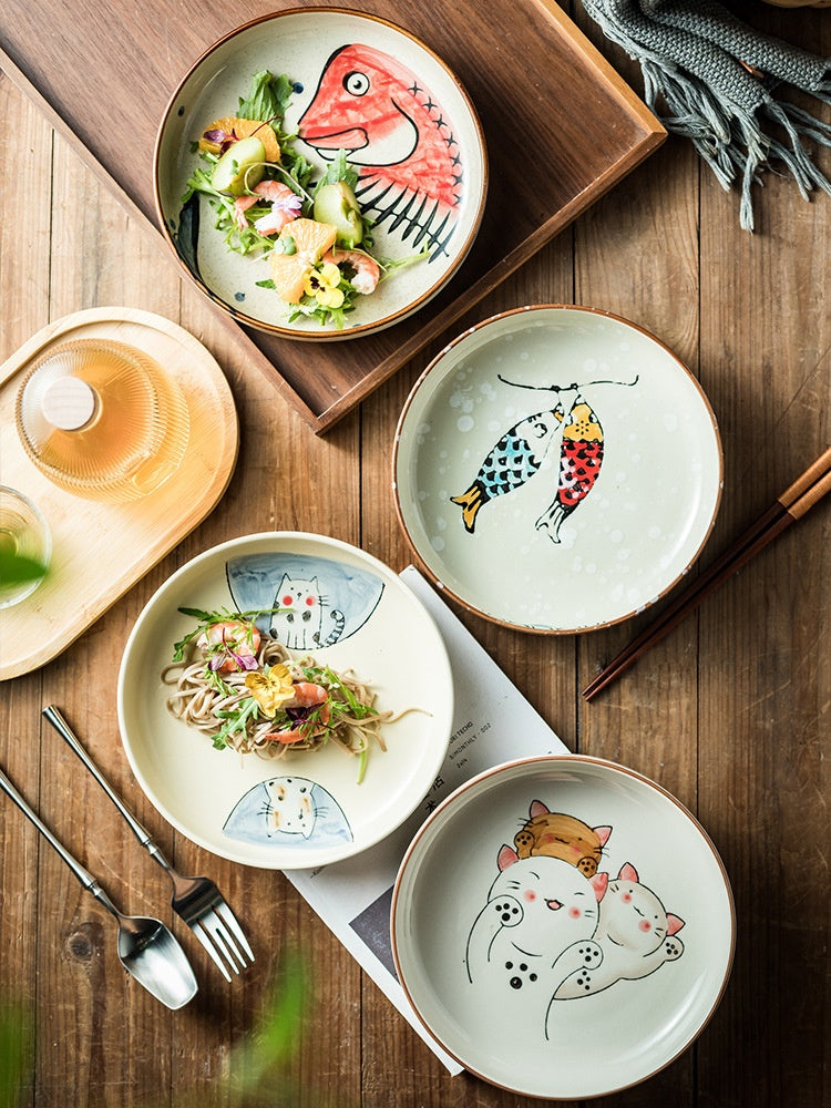Ceramic Cat Plate Set - Deep Round Dinnerware for Home & Gift