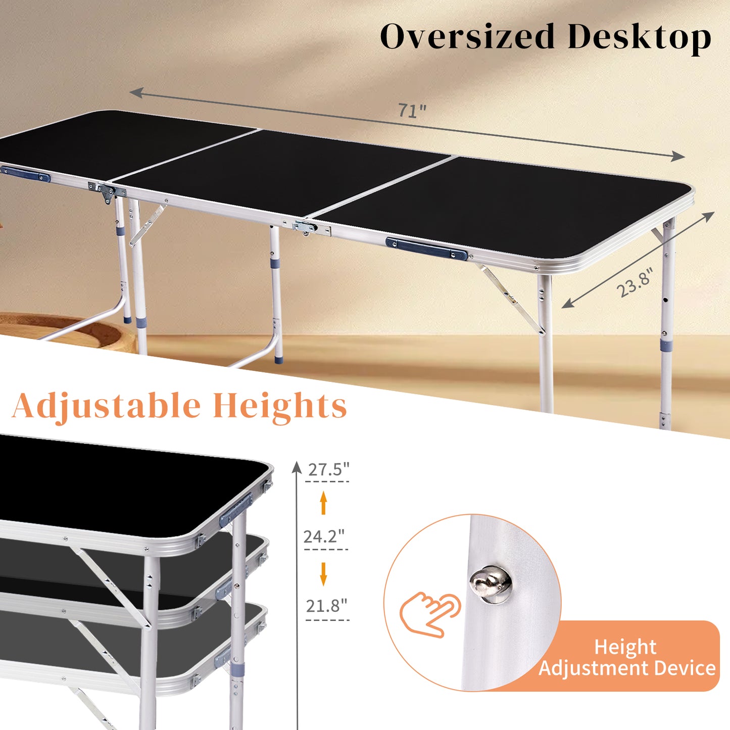 6ft Portable Folding Table - Adjustable Height Aluminum Alloy