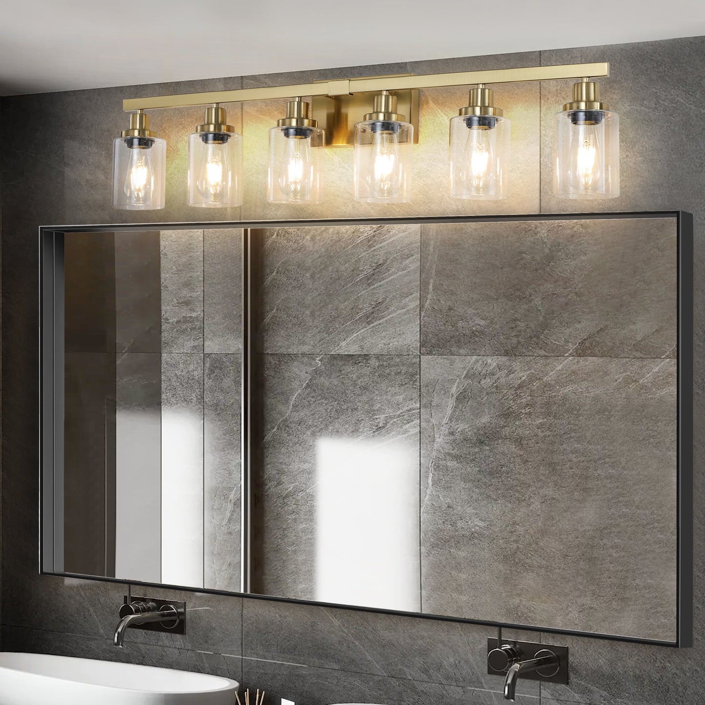 Golden 6-Light Vanity Light Fixture with Clear Glass Shades