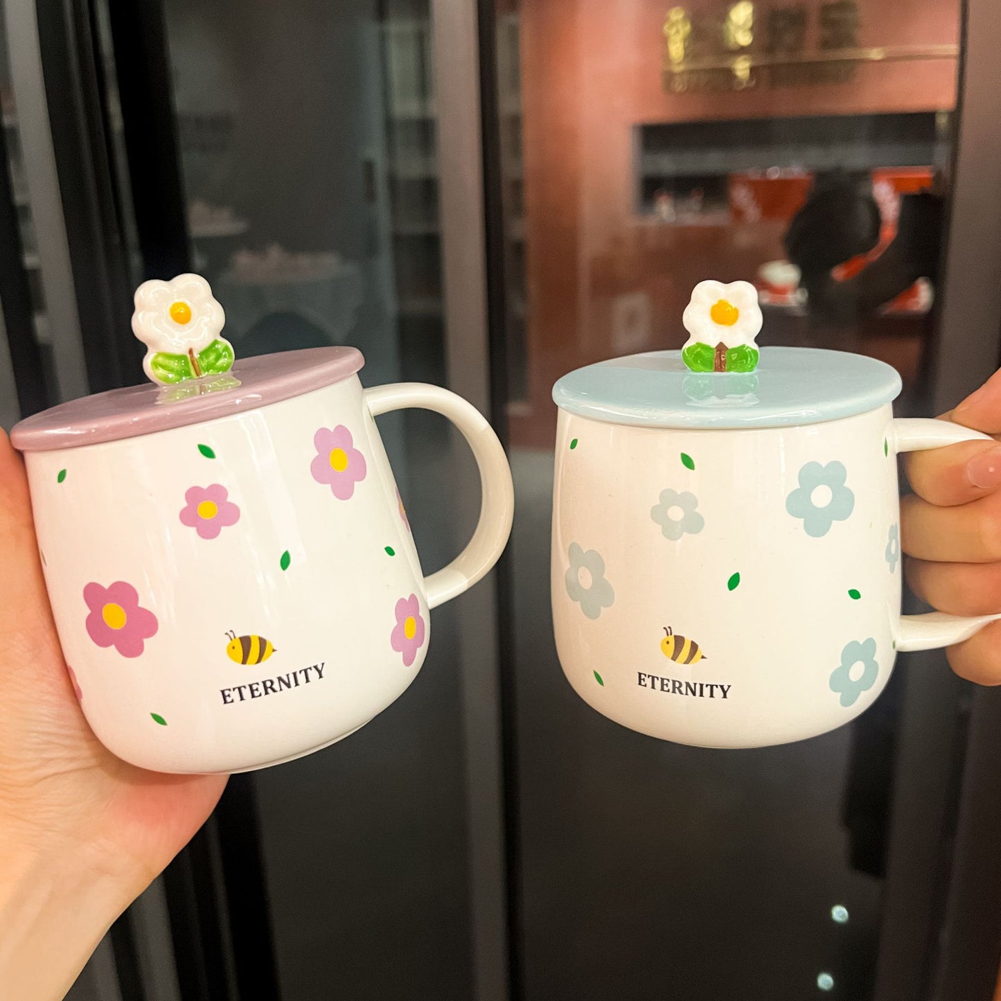 Cute Girl Heart Ceramic Coffee Cup with Lid & Spoon - Blue, 301-400ml