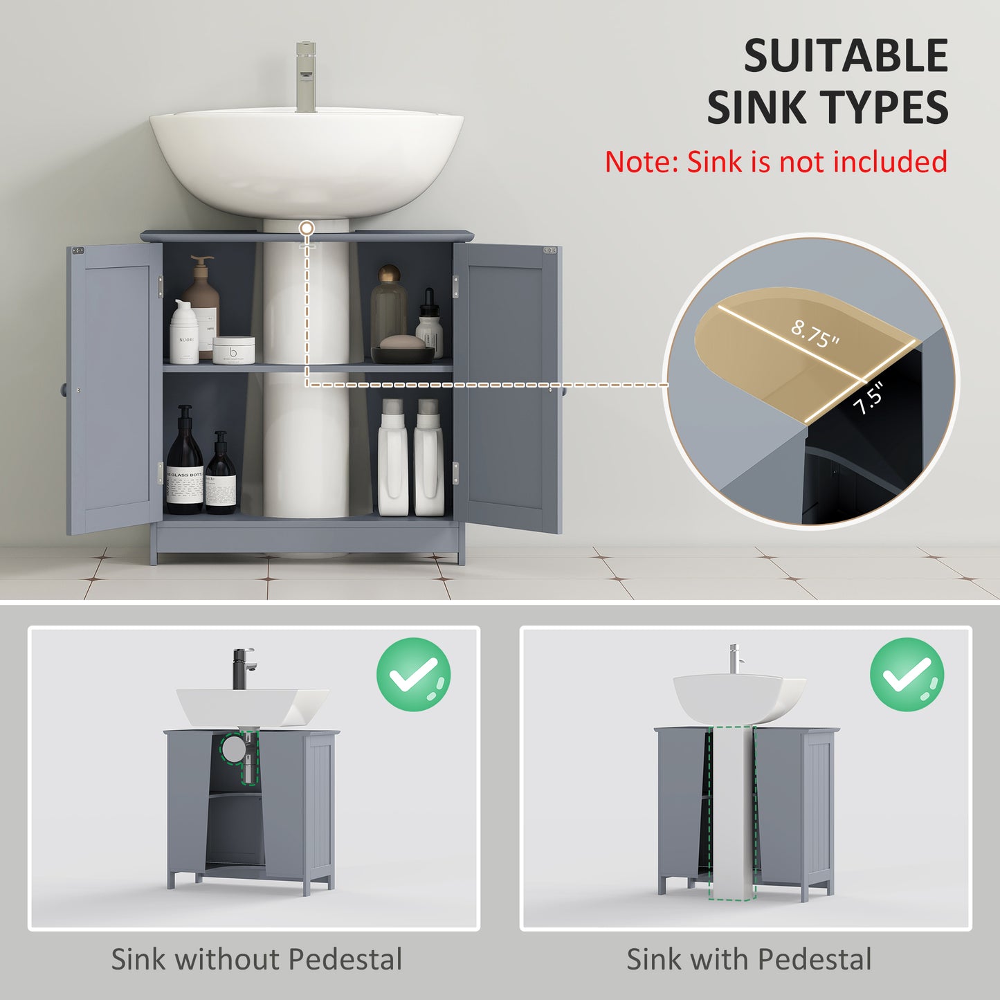 Under Sink Bathroom Cabinet - Gray Pedestal Storage with 2 Doors