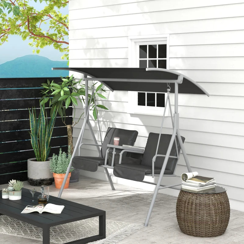 2-Seater Outdoor Porch Swing with Canopy & Tray - Gray