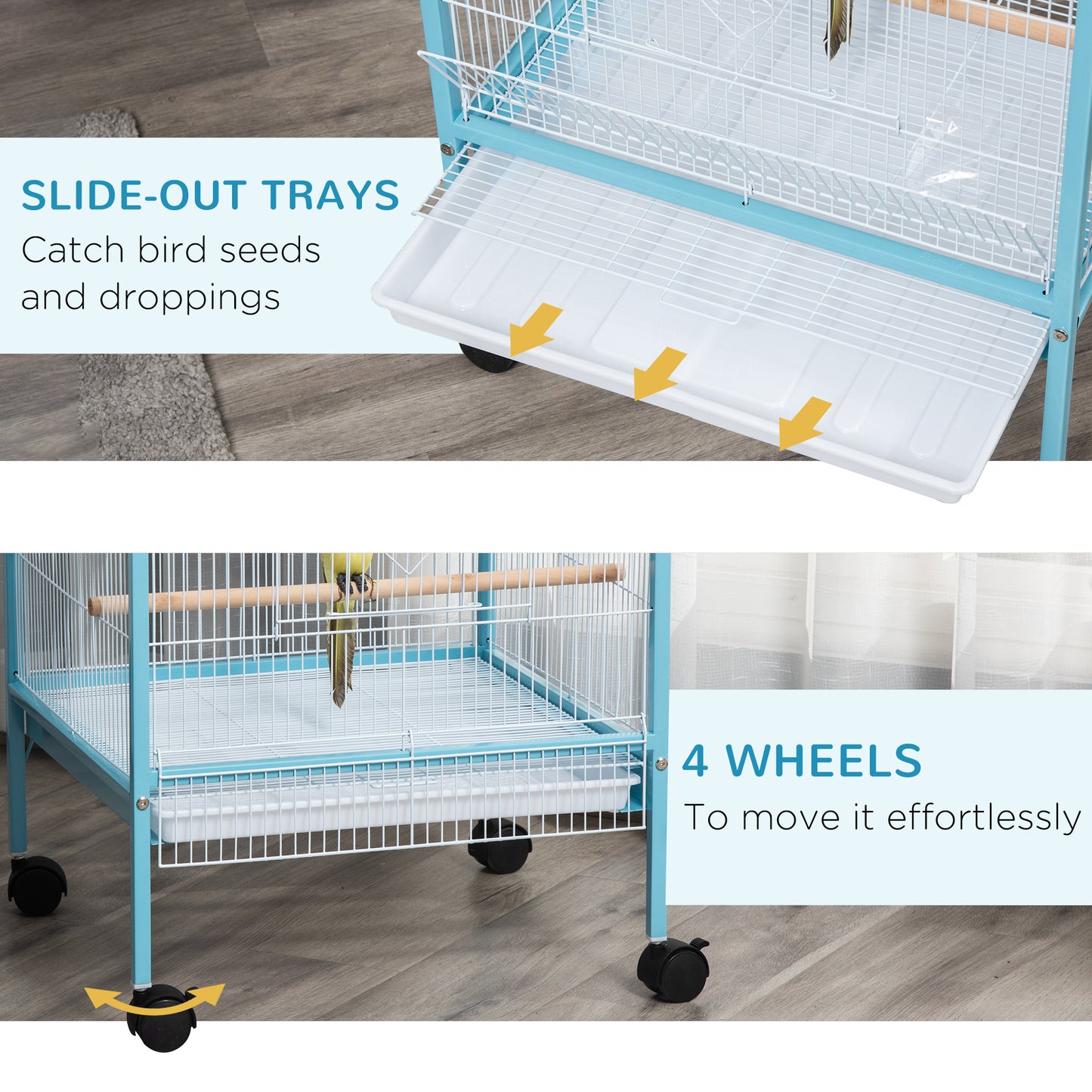 55-Inch 2-in-1 Bird Cage Aviary for Parakeets Finches with Wheels - Light Blue