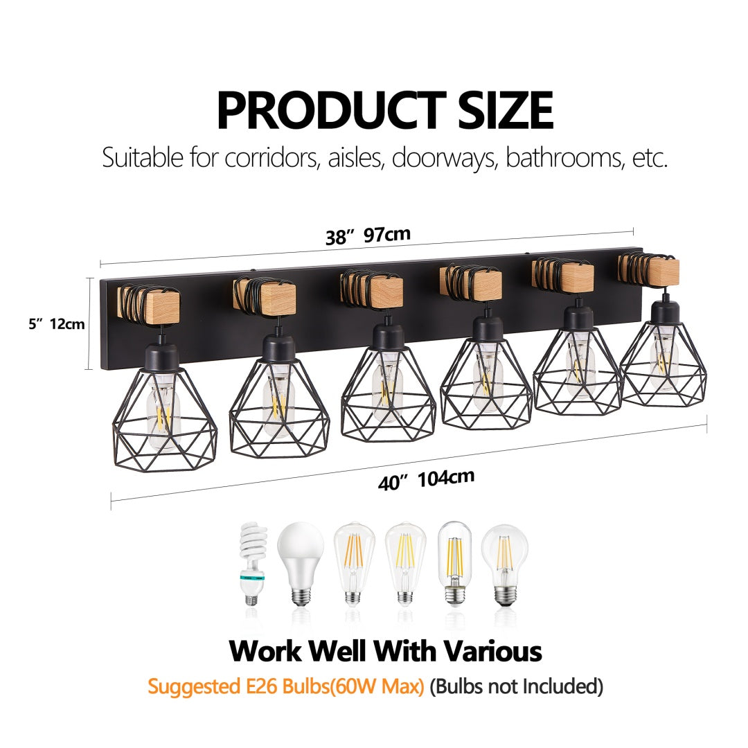 Modern 6-Light Vanity Light Fixture - Black Metal & Wood Accents