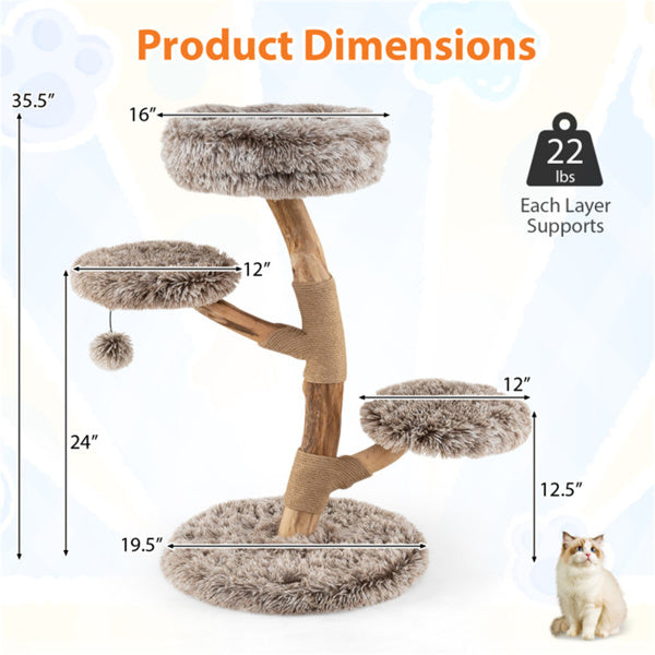 Natural Pear Wood Cat Tree with Scratching Posts & Plush Balls - Multi-Level Cat Furniture