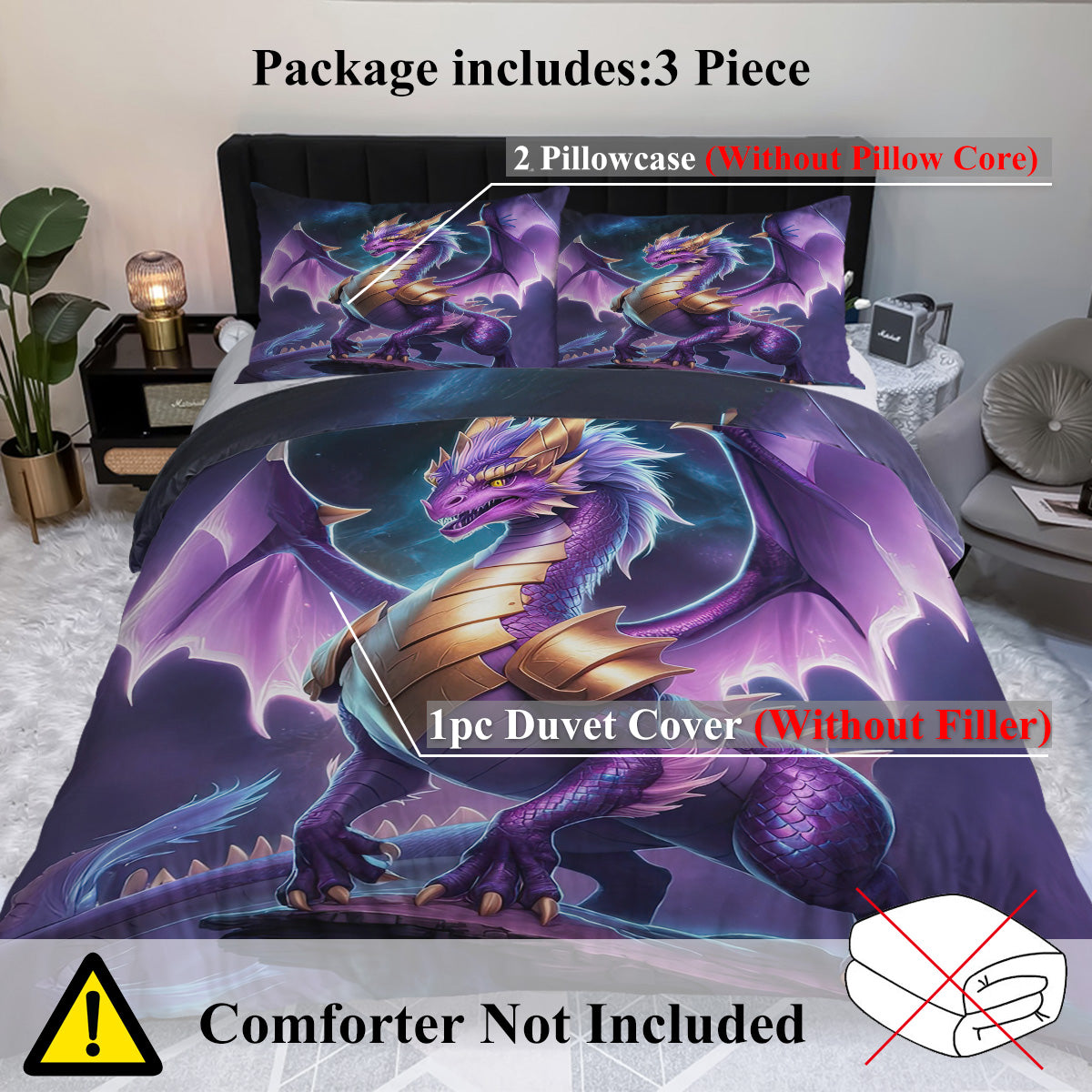 Purple Dragon Bedding Set for Kids - 3D Wildlife Pattern Duvet Cover & Pillow Shams