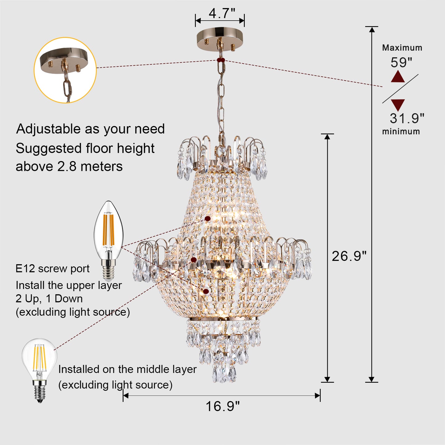 Large Gold Crystal Chandelier - Luxury Ceiling Light Fixture