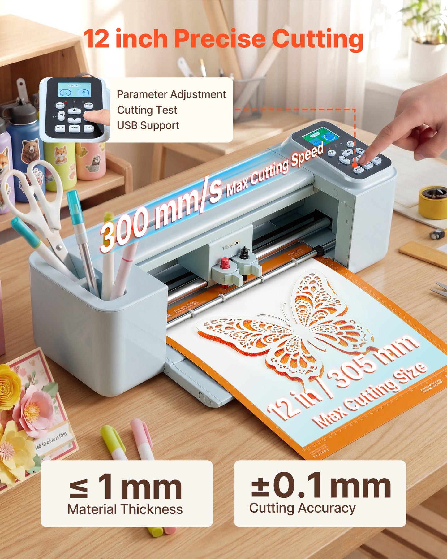 Vinyl Cutting Machine 12 Inch for Crafts and Custom Projects - Button & Screen Control, Supports Mac Windows Android iOS, Black