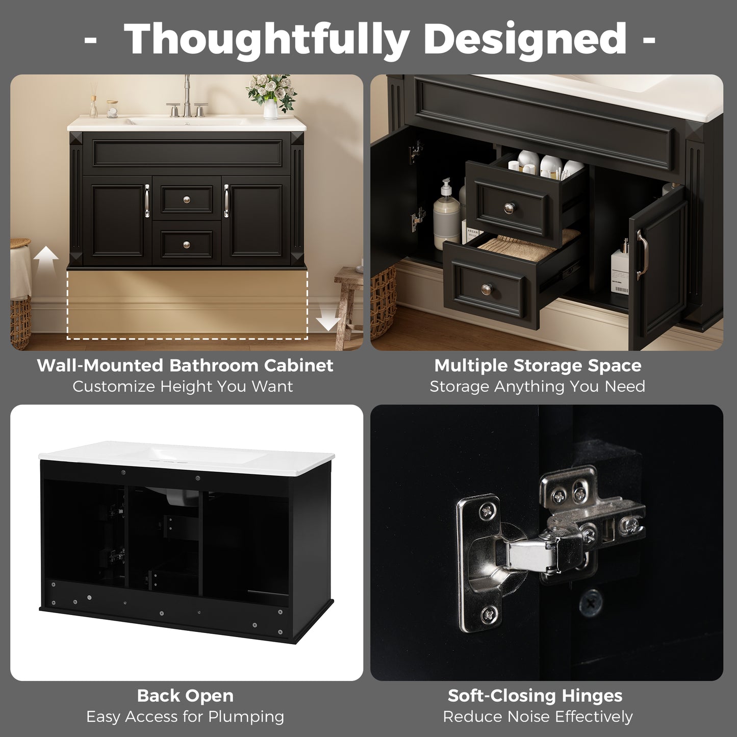 36-Inch Wall-Mounted Bathroom Vanity with Ceramic Sink - Black