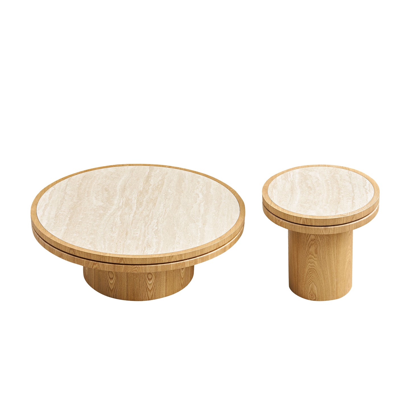Round Coffee Table Set - 19.49" & 35.43" MDF with Sintered Stone Top - Natural