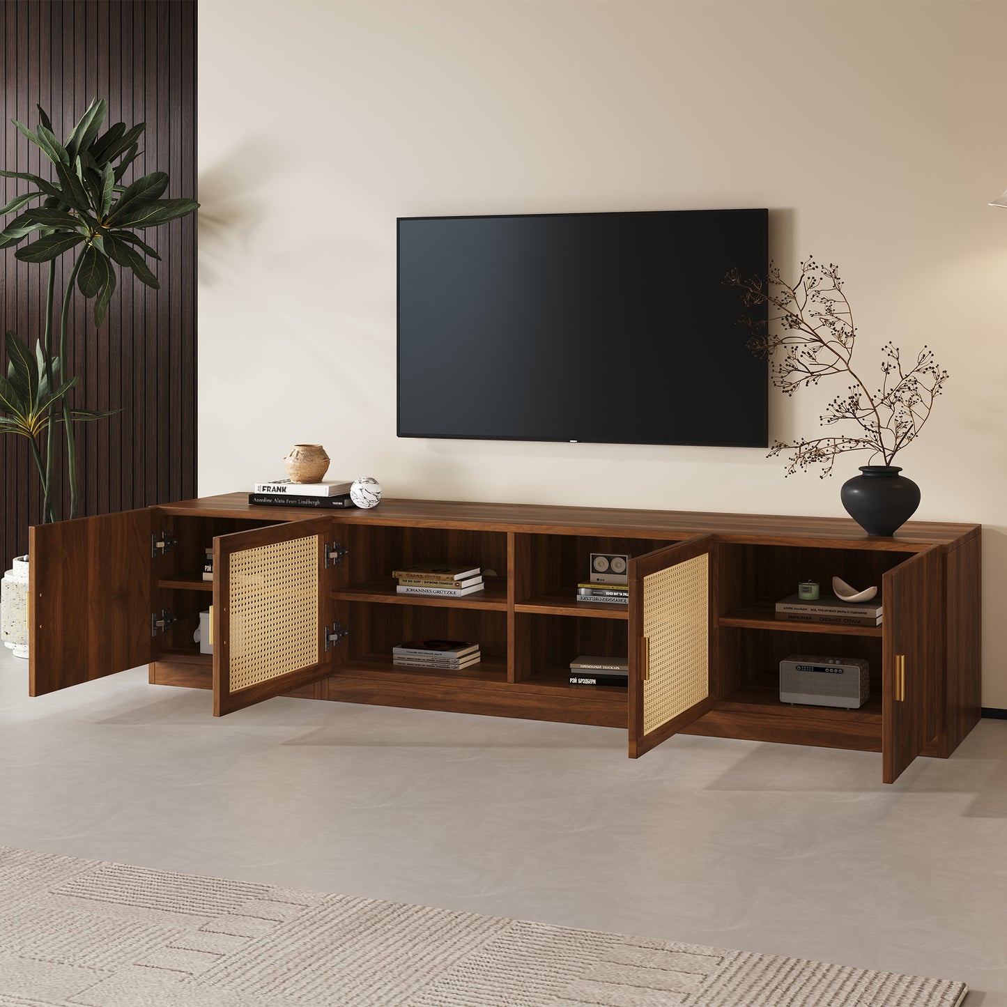 78" TV Stand for TVs Up to 85" - Walnut Media Console with Rattan Doors