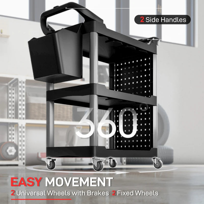 3-Tier Rolling Tool Cart with Side Shelf and Bucket, 200 LBS Capacity, Black & Gray Utility Cart