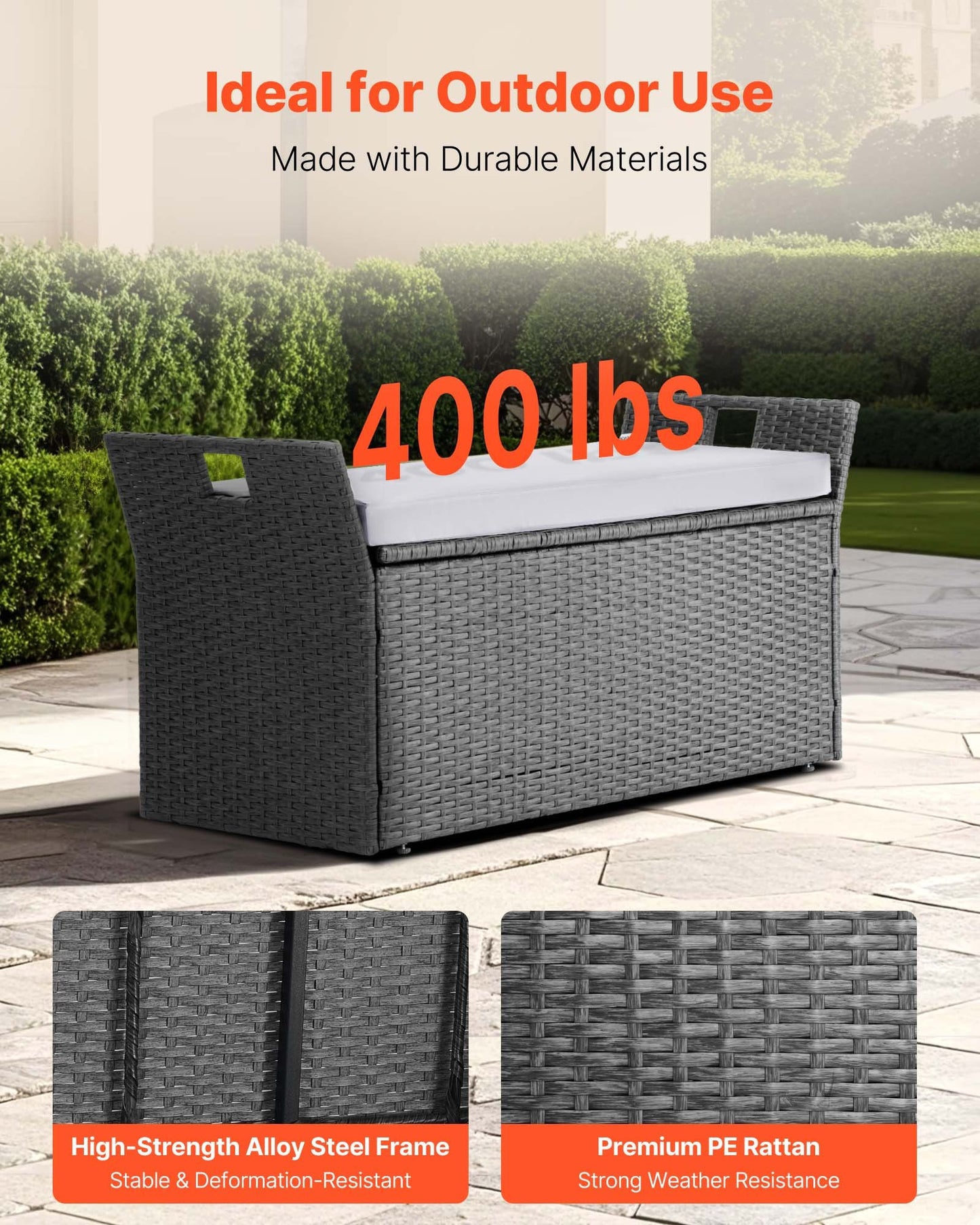 Outdoor Storage Bench with Cushions and Waterproof Rattan - Grey, 40 Gal