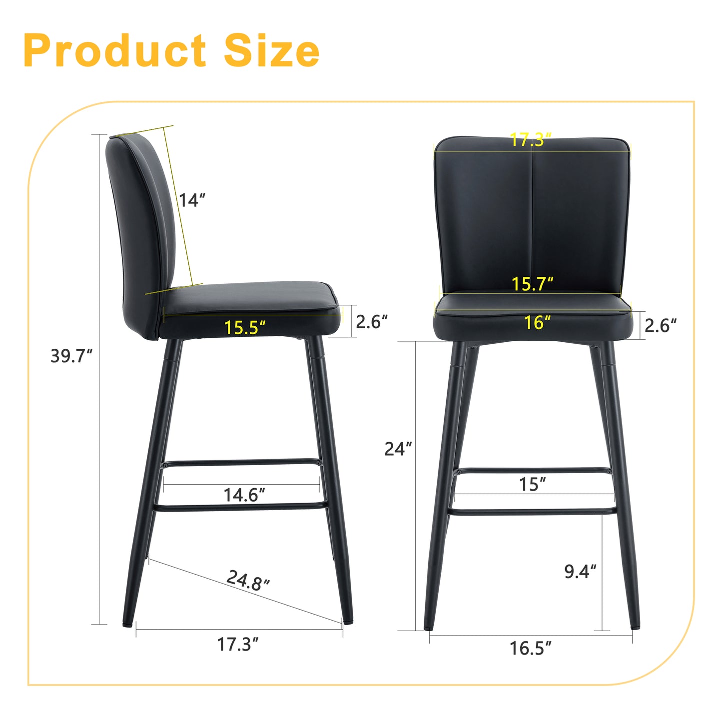 Modern Black PU Bar Chair Set - Two Pieces, The Backrest Has A