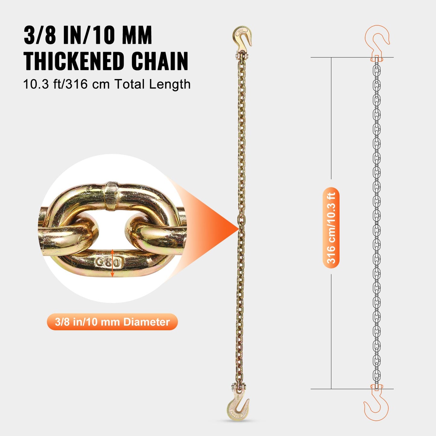 G80 Grade Tow Chain with Hooks - Heavy Duty Tie Down Chain 3/8 x 10.3 ft, 2 Pack, 7100 lbs Capacity
