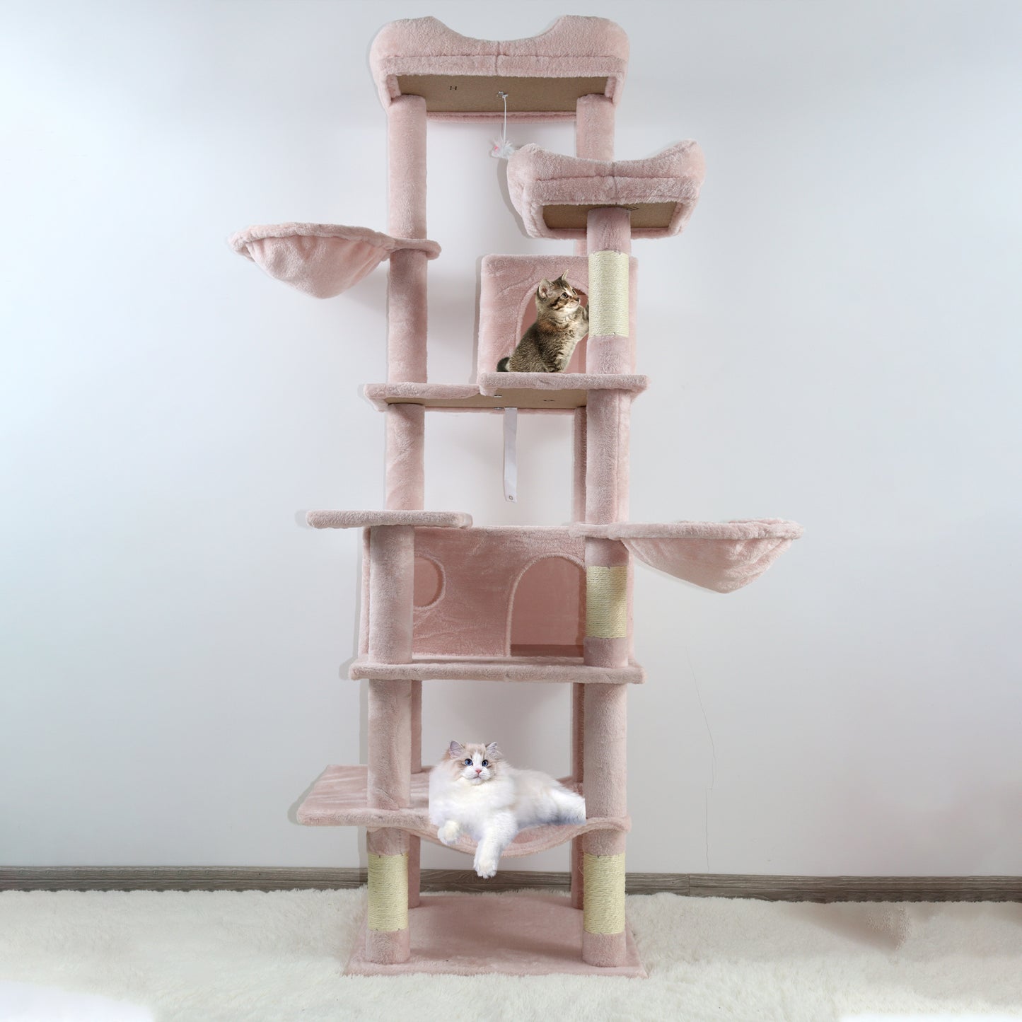 Pink Multi-Level Cat Tree with Hammocks, Scratching Posts & Hideaways - 68in Tall