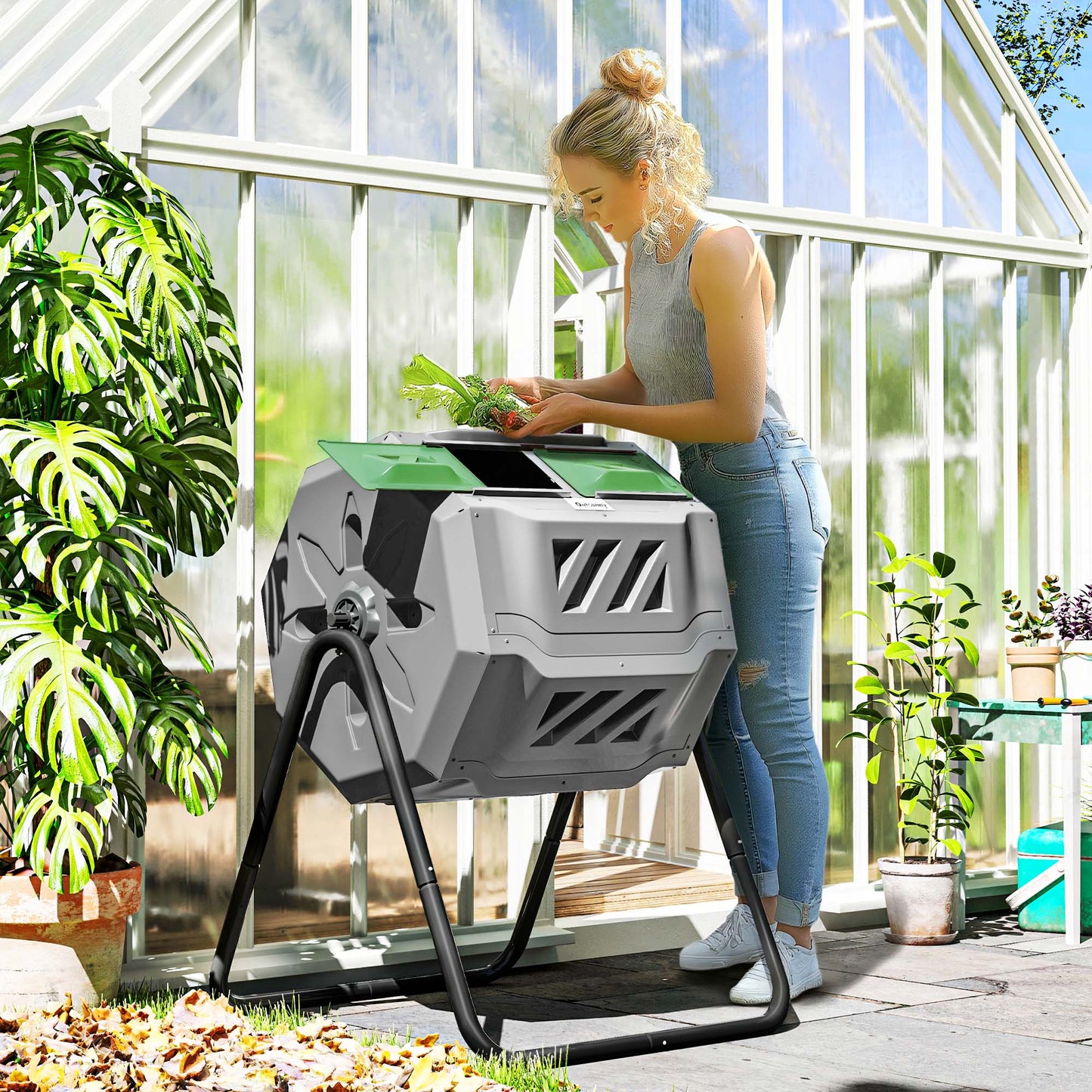 Outdoor 360° Rotating Compost Bin - Dual Chamber 43 Gallon Garden Tool
