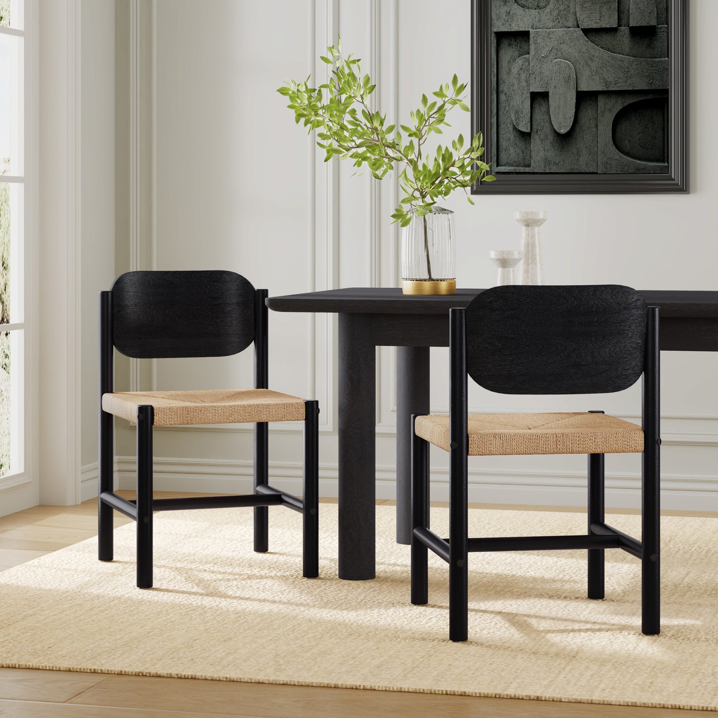 Wooden Dining Chairs With Beige Paper Rope Weave Seat, Indoor Armless