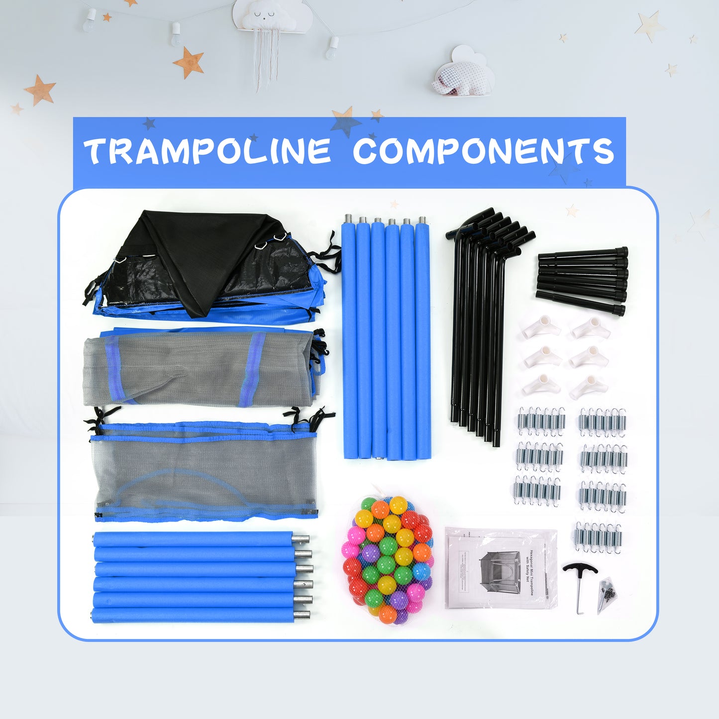 55" Toddler Trampoline with Safety Net and Ocean Balls - Blue