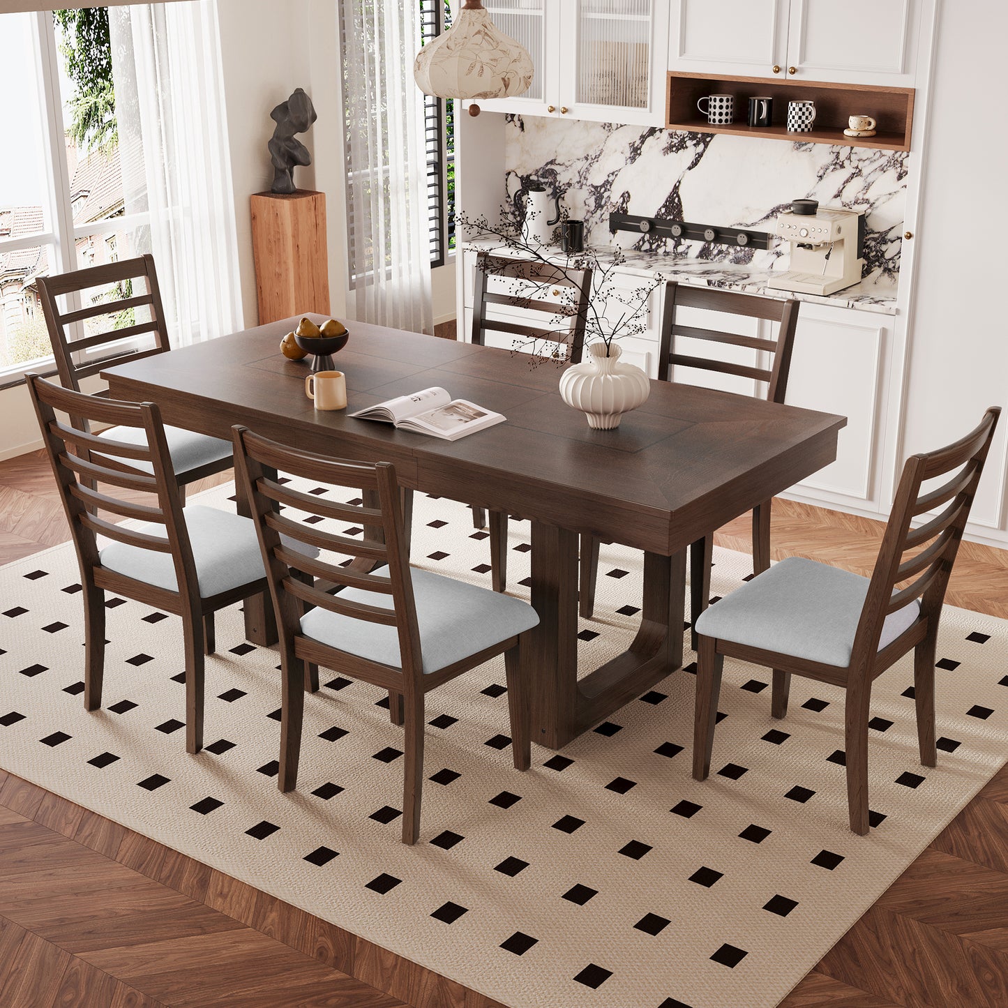 7-Piece Extendable Dining Table Set, Farmhouse With 18 Move Leaf, 78