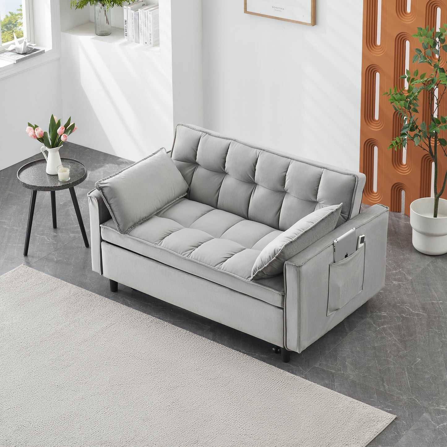 Convertible Velvet Loveseat Sofa Bed with Reclining Backrest - Gray