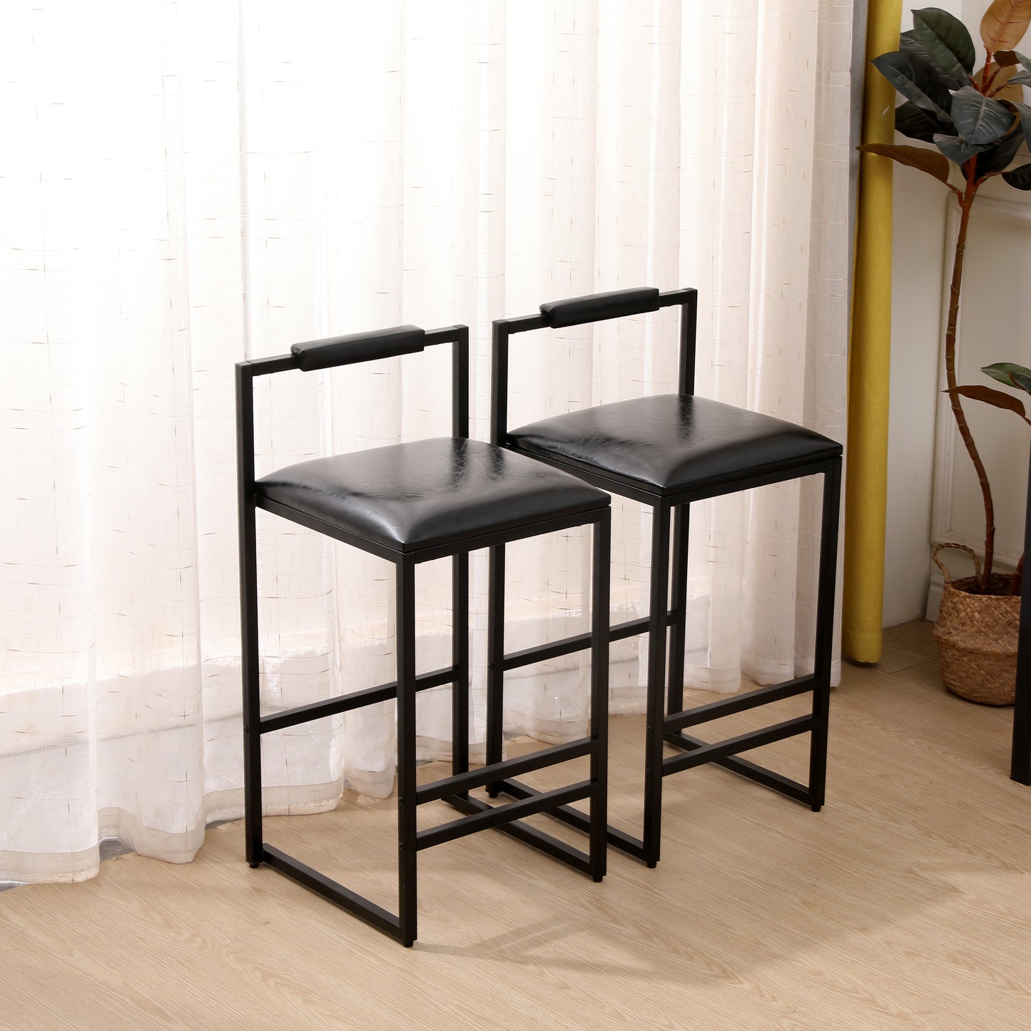 Black Bar Stools with Backrest - Set of 2 Counter Height Chairs