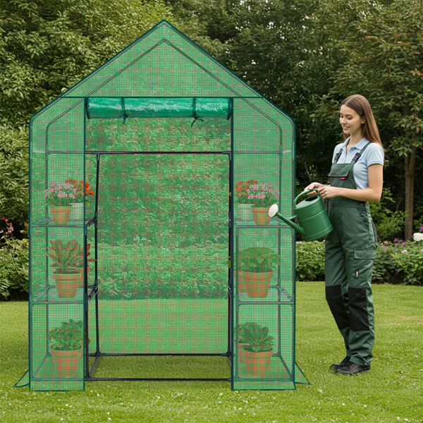Walk-In Greenhouse with PE Cover & 4 Shelves - Indoor Outdoor Plant Garden