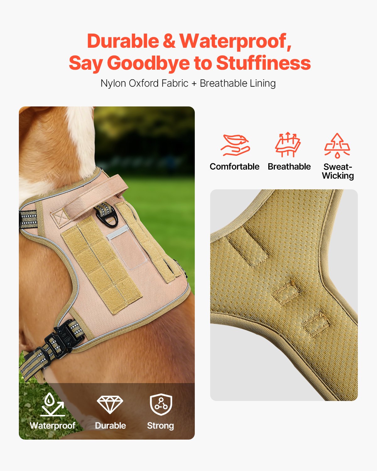 No Pull Tactical Dog Harness for Large Dogs - Adjustable Khaki Vest