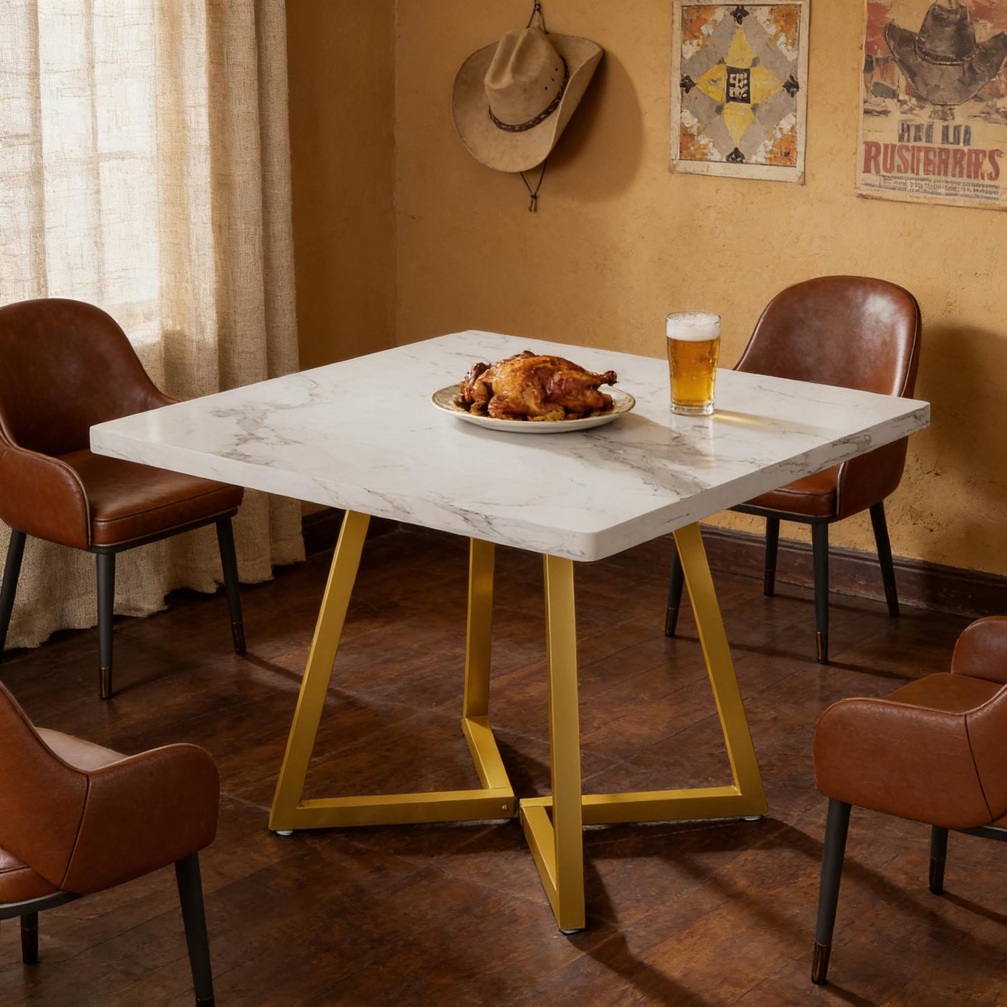 Square Vintage Dining Table - Gold White Finish