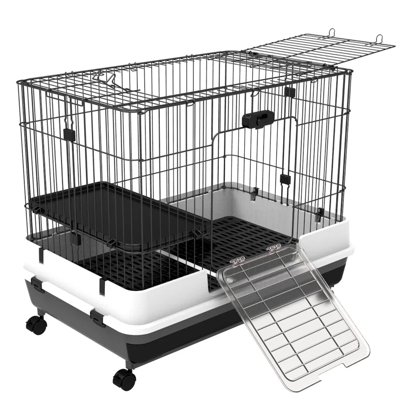 Small Animal Cage with Wheels and Removable Tray for Rabbits, Chinchillas, Ferrets - Black