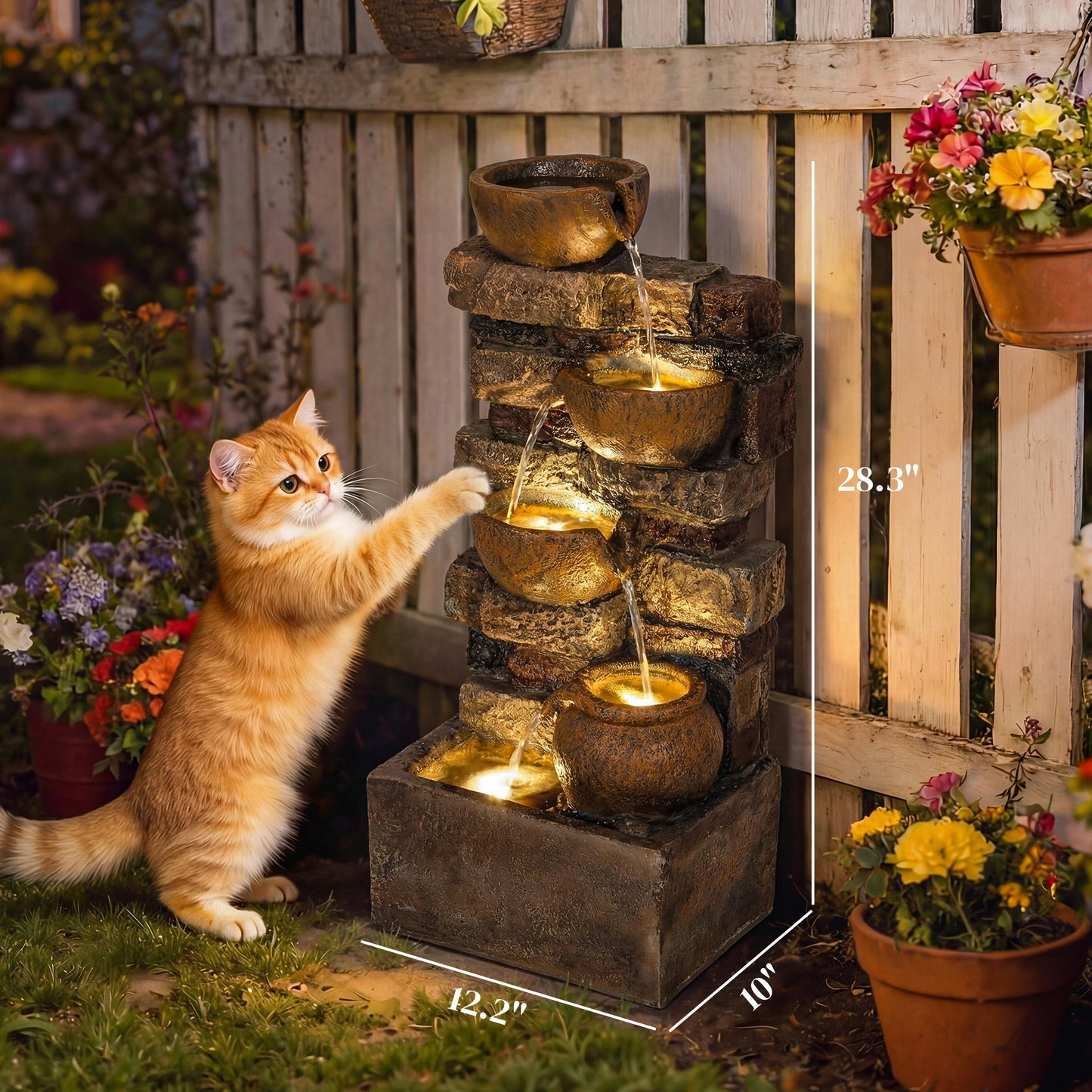 28-Inch Outdoor Fountain with 5-Tier Rustic Jugs, LED Lights, Adjustable Water Flow